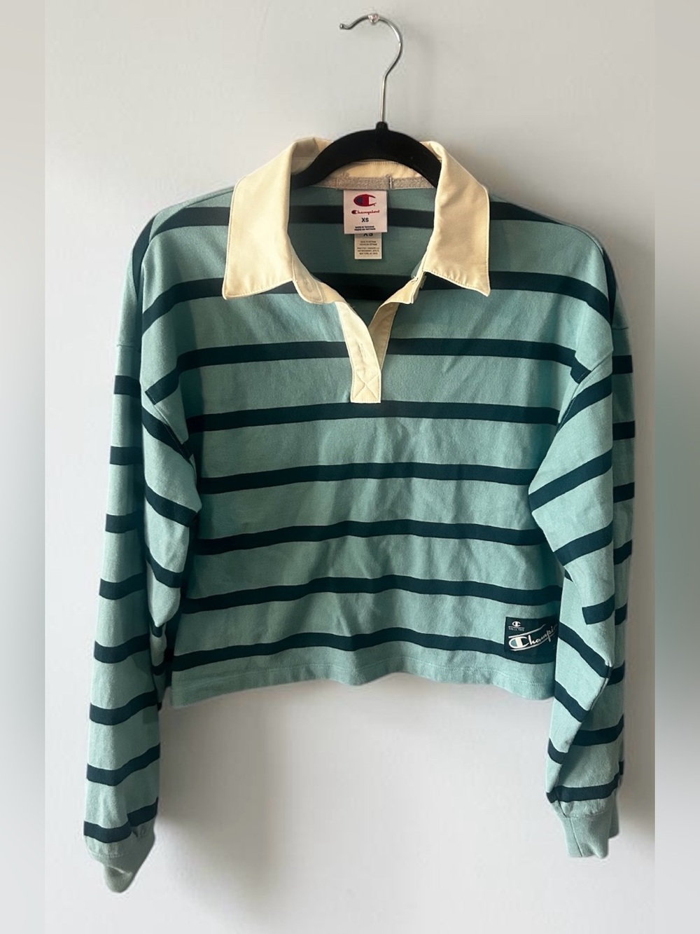 Champion Teal Blue Striped Cropped Rugby Polo Shirt Long Sleeve XS